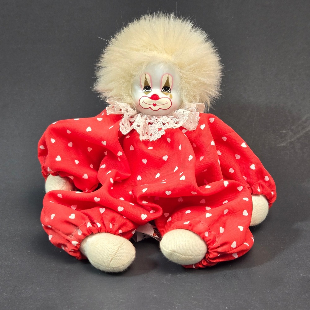 Vintage Porcelain Clown Doll Red Heart Jumpsuit Ceramic Face Sad Clown 7.5 inch